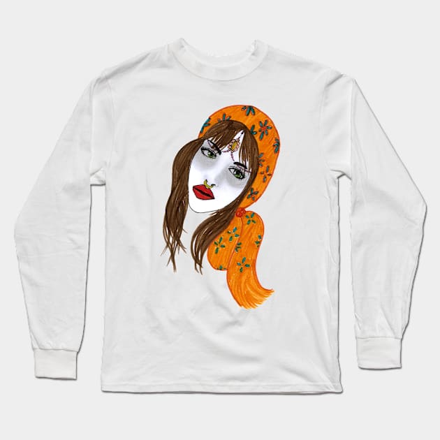 Orange Head Wrap Nose Ring Girl Long Sleeve T-Shirt by BalumbaArt